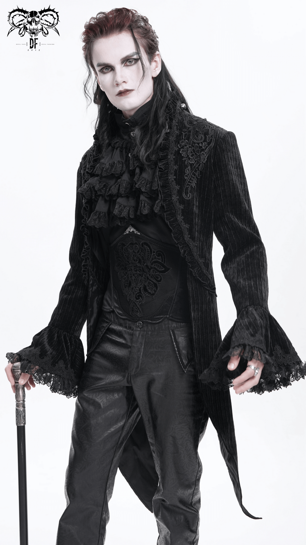 Men's gothic velvet swallowtail jacket with lace detailing and flared cuffs, perfect for adding dark elegance to any outfit.