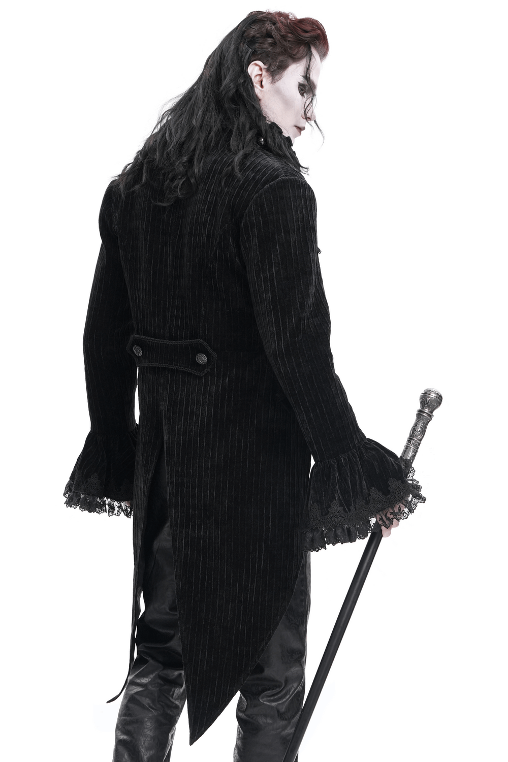 Gothic velvet swallowtail jacket with lace cuffs, showing dramatic back view and sword for a touch of dark elegance.