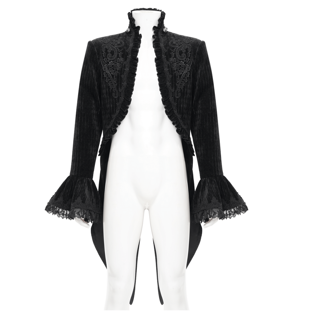 Men's gothic velvet swallowtail jacket with embroidered trim and lace detailing, perfect for formal events and dark elegance.