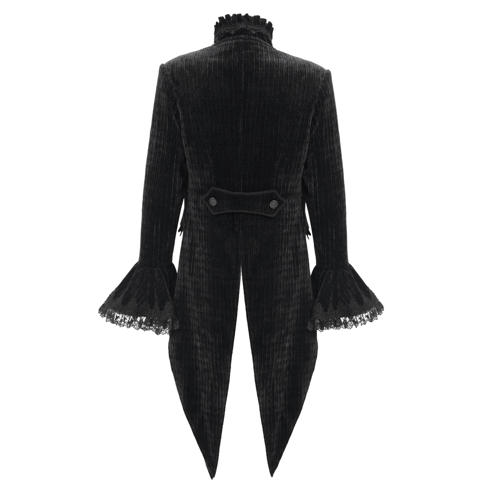 Back view of a men's gothic velvet swallowtail jacket with lace cuffs and a high collar, perfect for dark elegance.