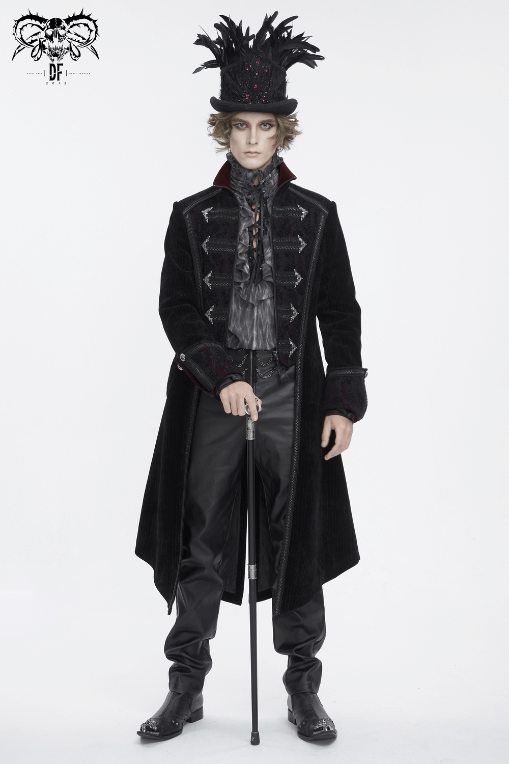 Men's gothic velvet tailcoat with embroidered details, elegant design and ornate accents, perfect for standout occasions.