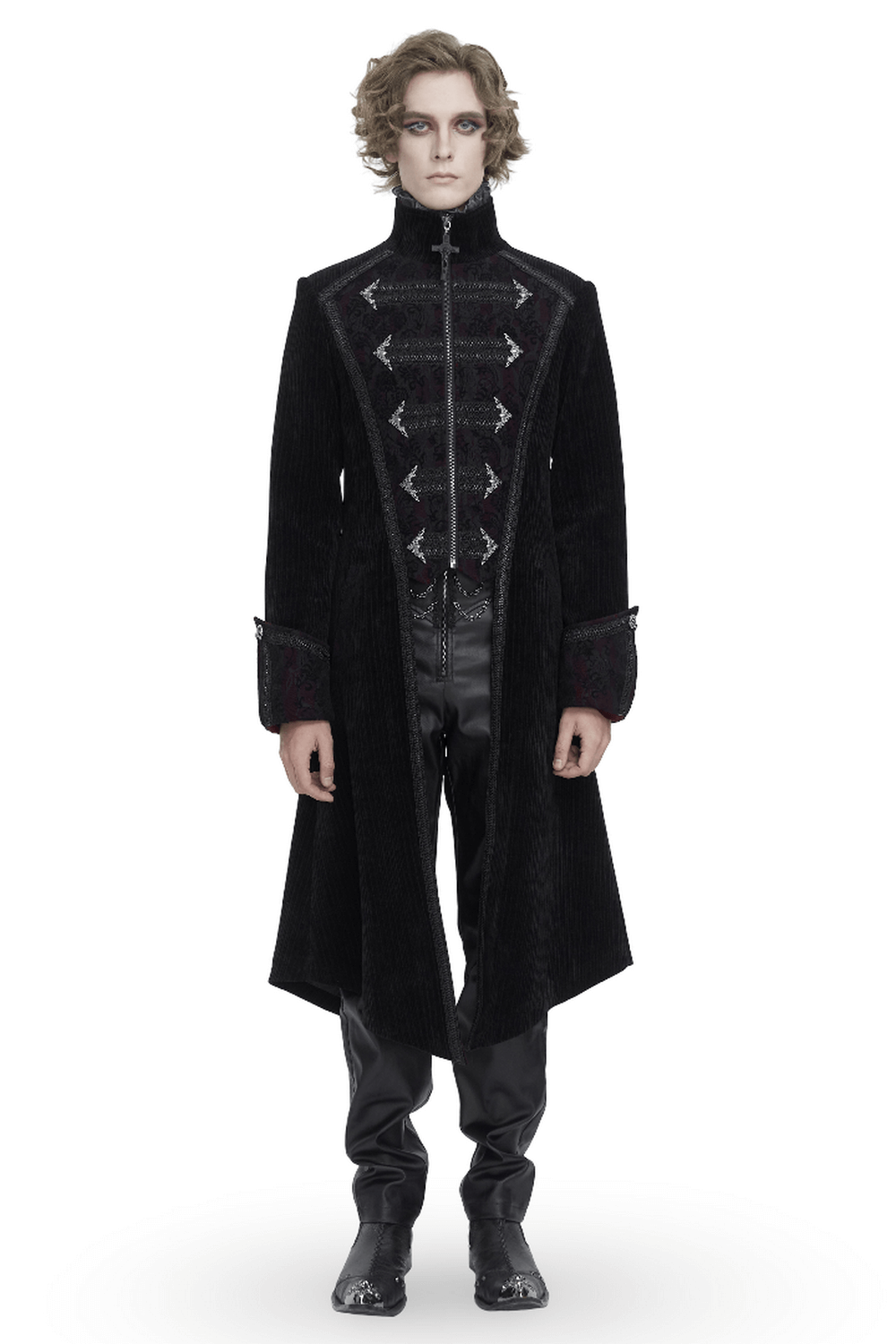 Men's gothic velvet tailcoat with intricate embroidery and silver accents for a dark, sophisticated look.