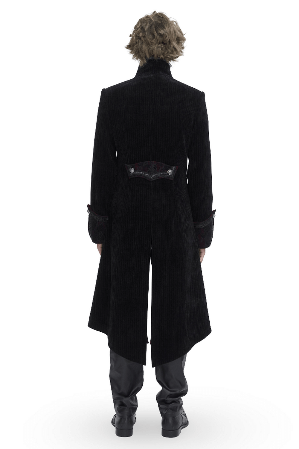 Back view of gothic velvet tailcoat for men, showcasing intricate embroidery and elegant silhouette.