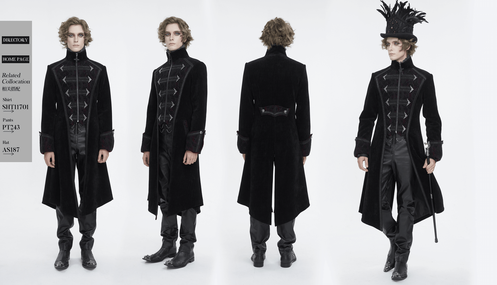 Men's gothic velvet tailcoat jacket with embroidered details and ornate silver accents, perfect for stylish occasions.