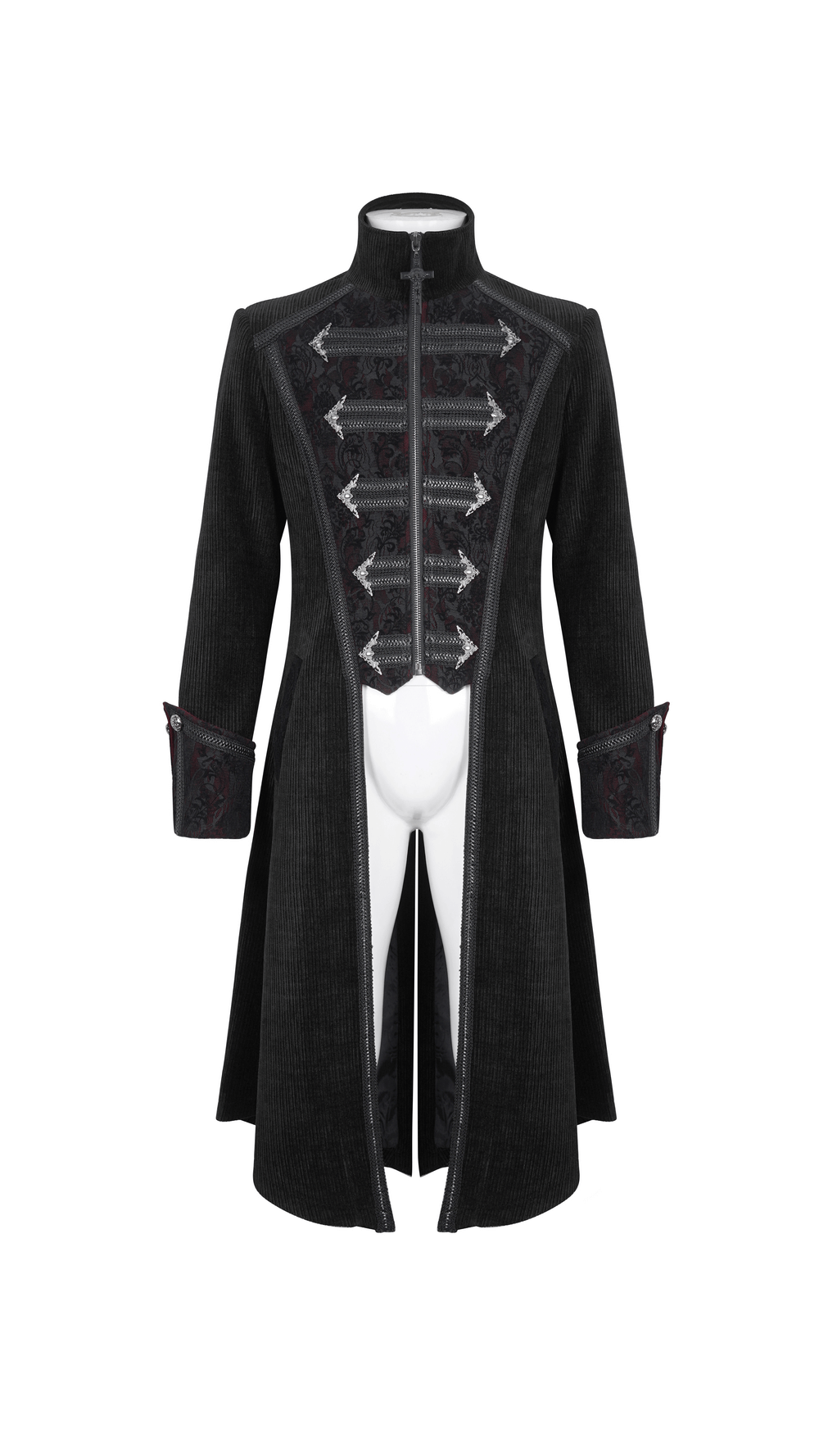 Gothic velvet tailcoat for men featuring detailed embroidery and silver accents, perfect for themed events.