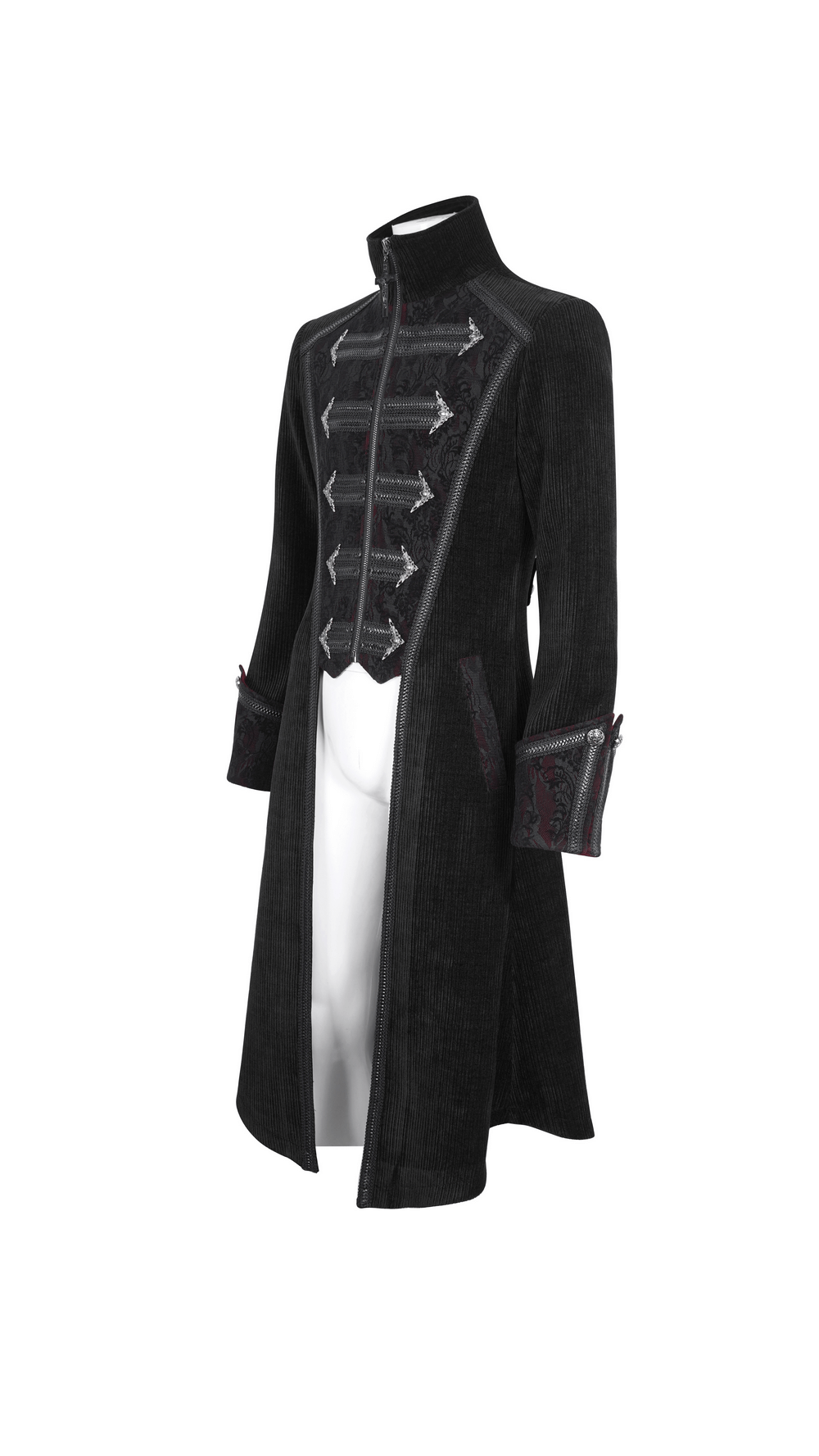 Gothic velvet tailcoat for men with embroidered details and stylish silver accents, perfect for standout occasions.