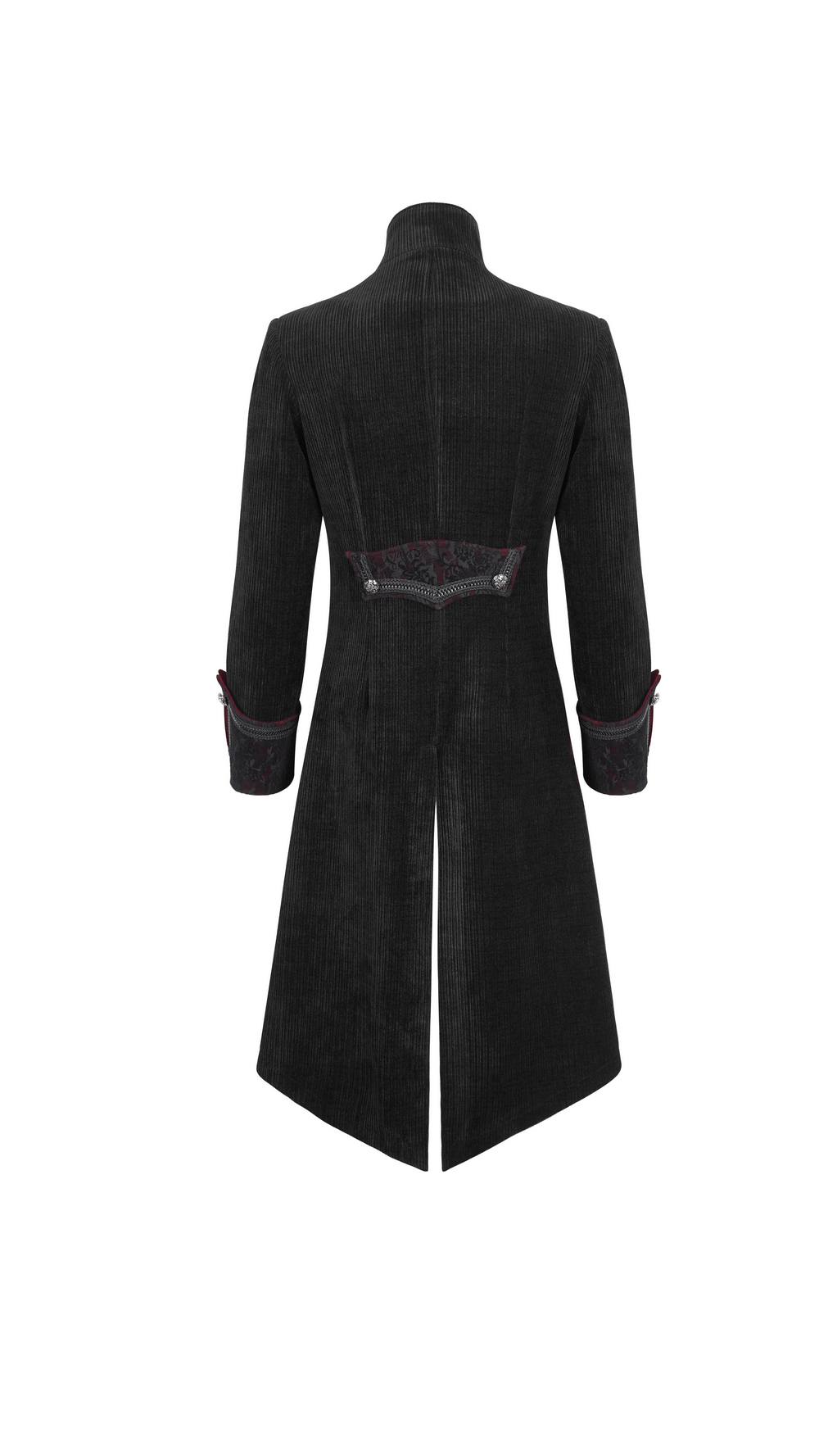 Back view of gothic velvet tailcoat for men, featuring elegant embroidery and luxurious design details.