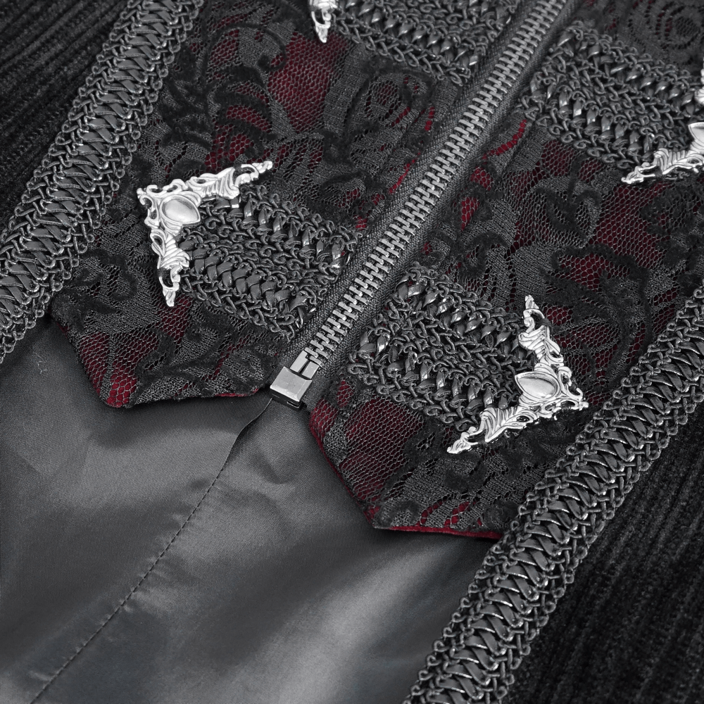 Close-up of embroidered details and luxurious zipper on gothic velvet tailcoat for men.