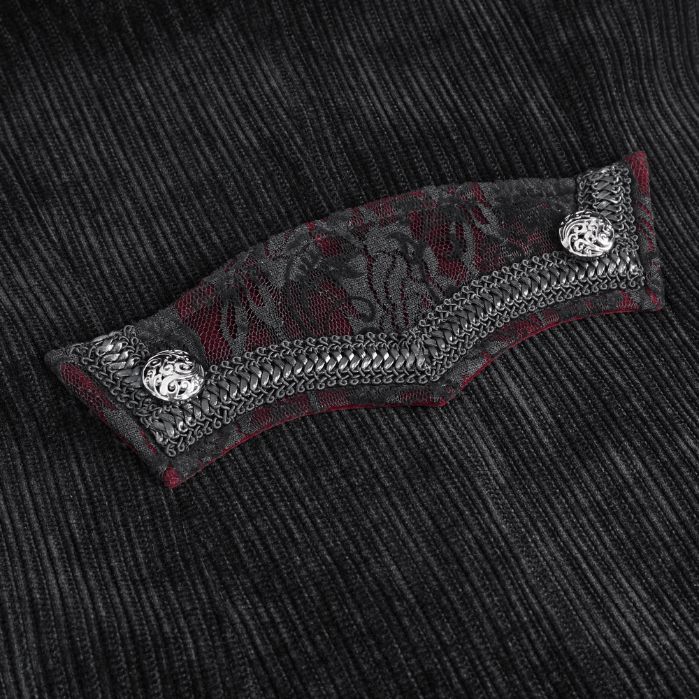 Detailed embroidered cuff of a gothic velvet tailcoat for men, featuring ornate silver accents and elegant design.