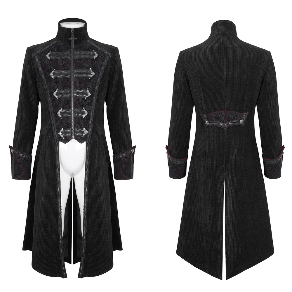 Gothic velvet tailcoat for men featuring ornate silver embroidery and sharp tailoring, perfect for standout occasions.
