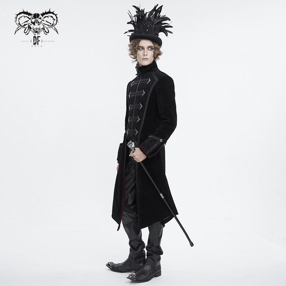 Men's gothic velvet tailcoat with embroidered details, paired with stylish hat and cane for a dramatic look.