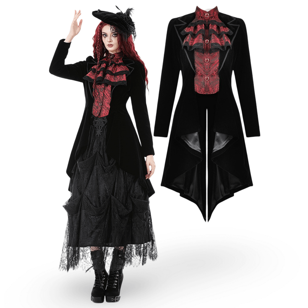 Gothic Velvet Tailcoat with Wine Red Ruffled Shirt Insert worn by model, showcasing its elegant details and dramatic silhouette.