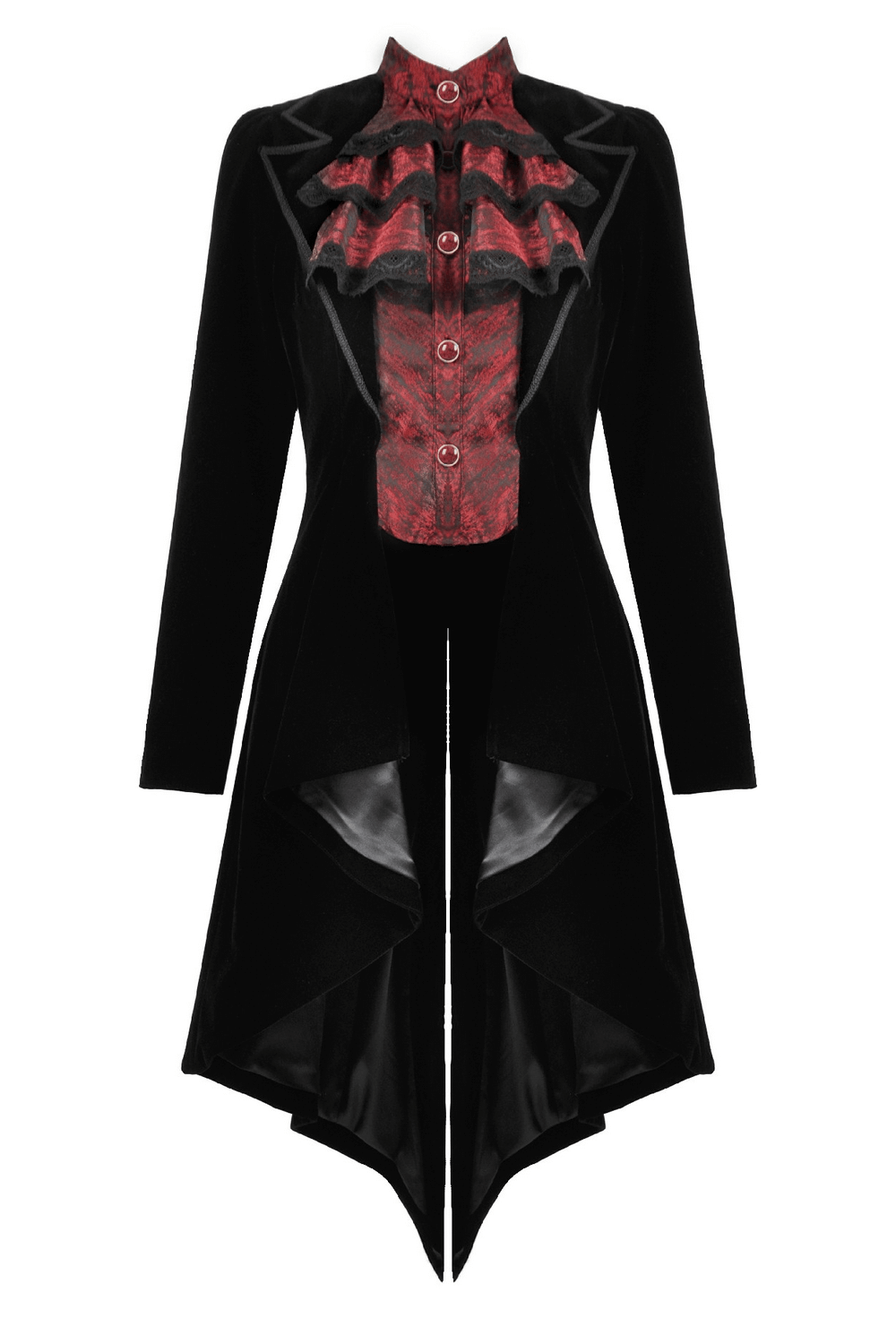 Gothic Velvet Tailcoat with Wine Red Ruffled Shirt Insert front view showcasing the elegant design and satin details.