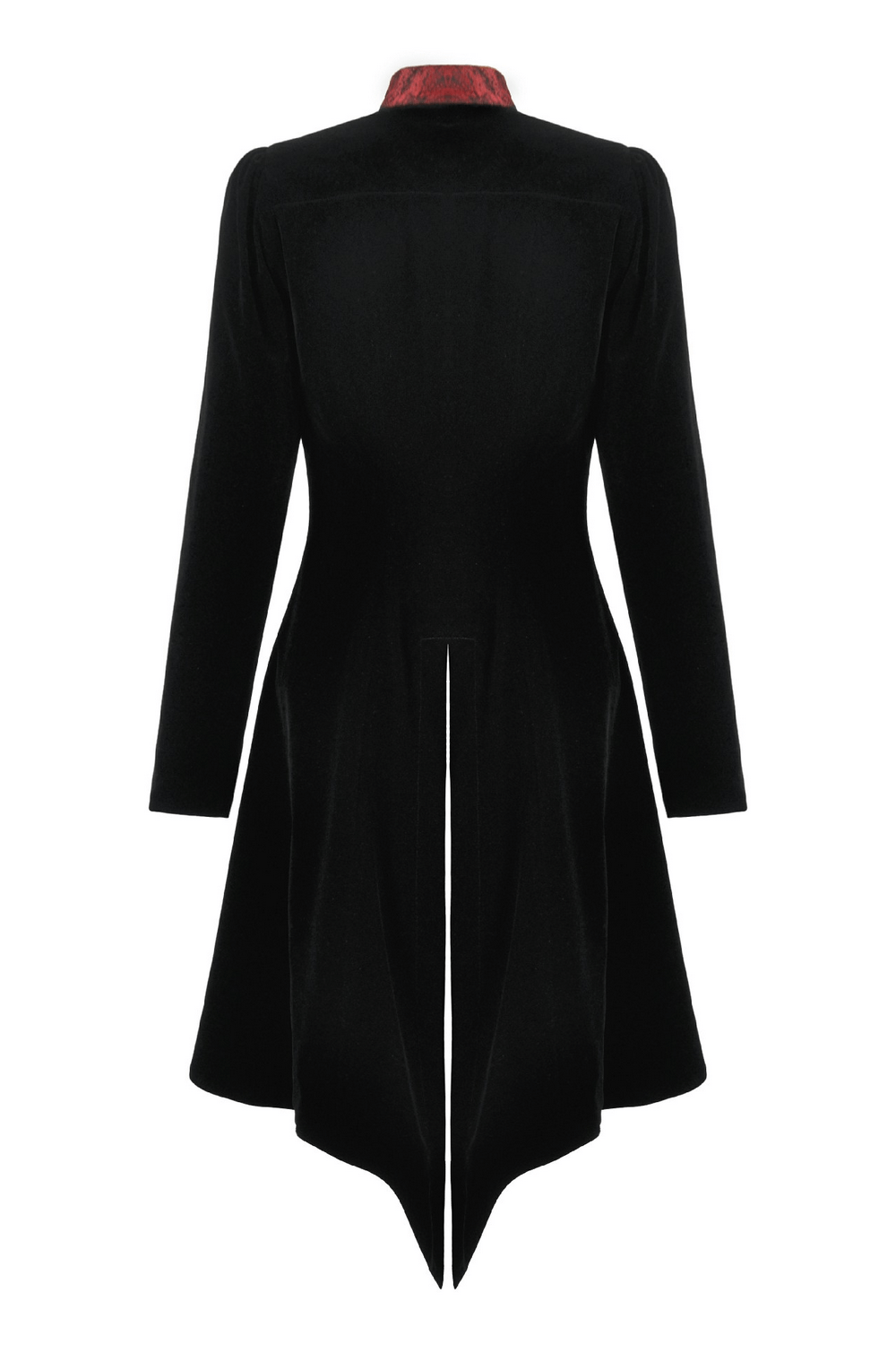 Gothic Velvet Tailcoat with Wine Red Ruffled Shirt Insert back view showcasing elegant high-low hem.