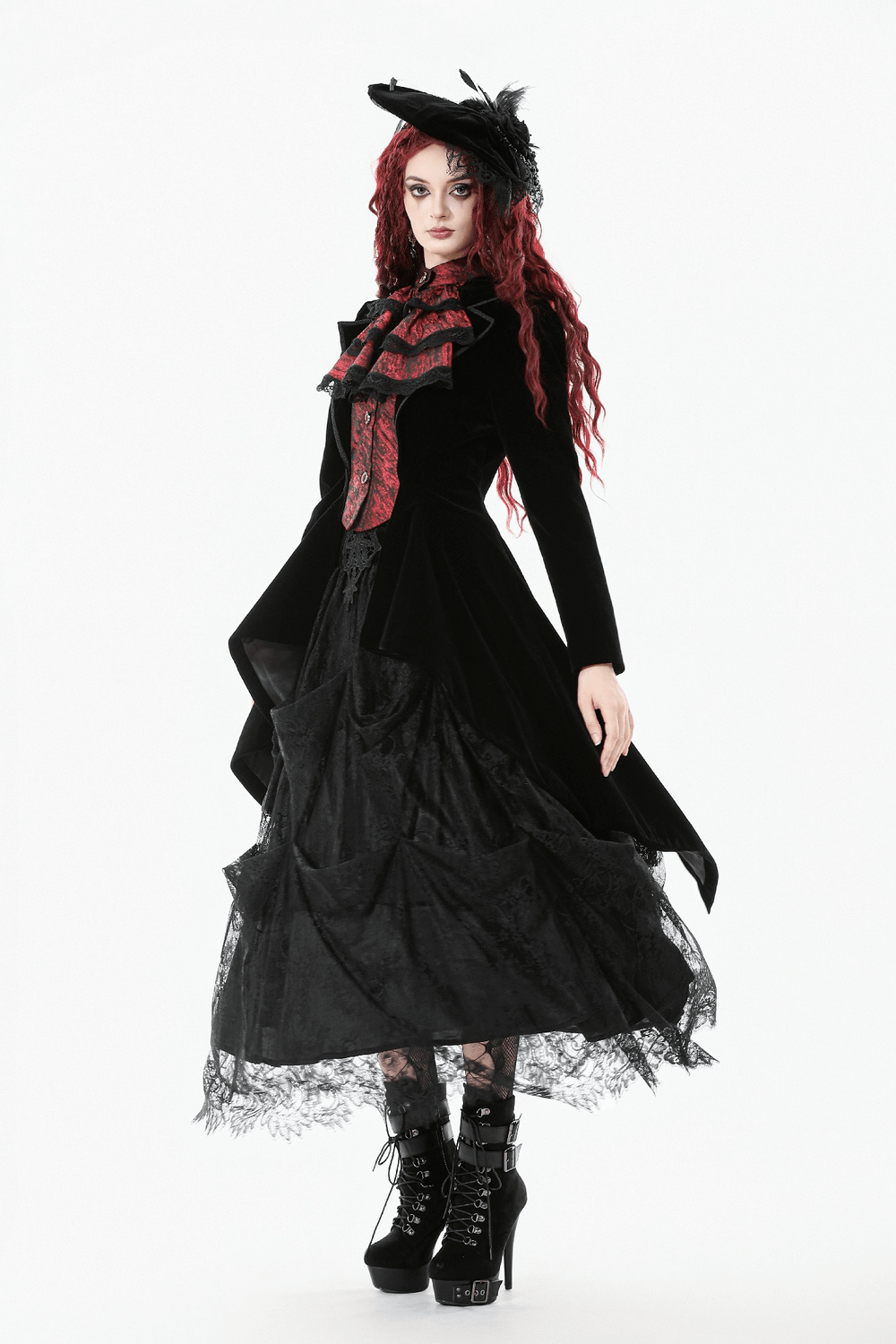 Gothic Velvet Tailcoat with Wine Red Ruffled Shirt Insert worn by a model, showcasing dark elegance and steampunk style.
