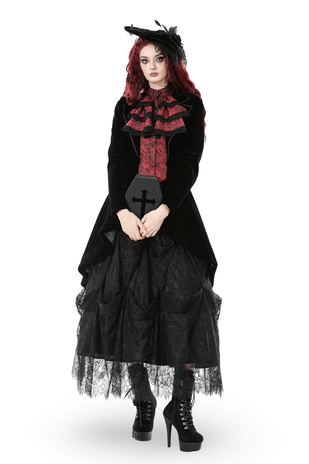 Gothic Velvet Tailcoat with Wine Red Ruffled Shirt Insert worn by model with lace and hat for gothic fashion.