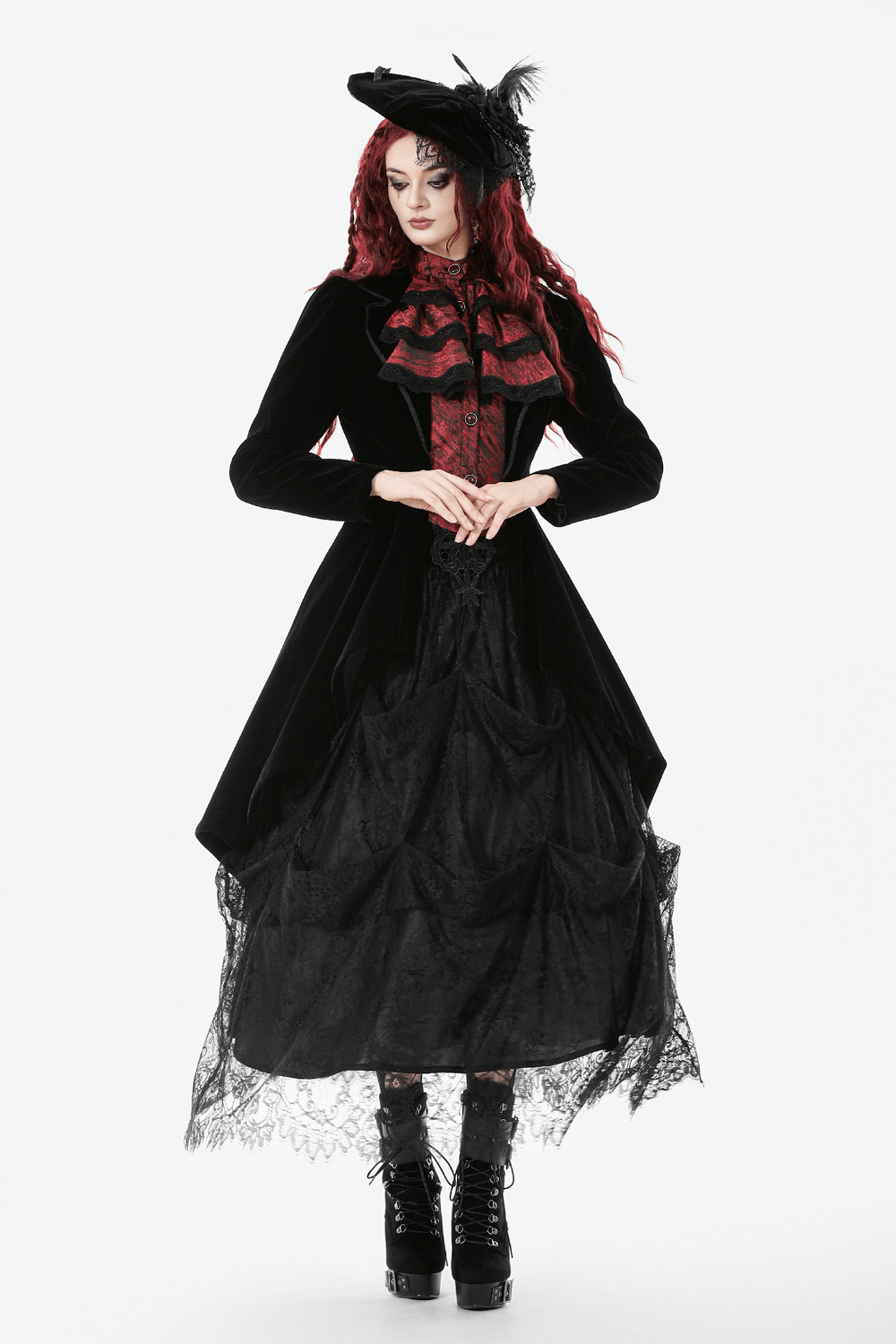 Gothic Velvet Tailcoat with Wine Red Ruffled Shirt Insert displayed on model, showcasing elegant Victorian Steampunk style.