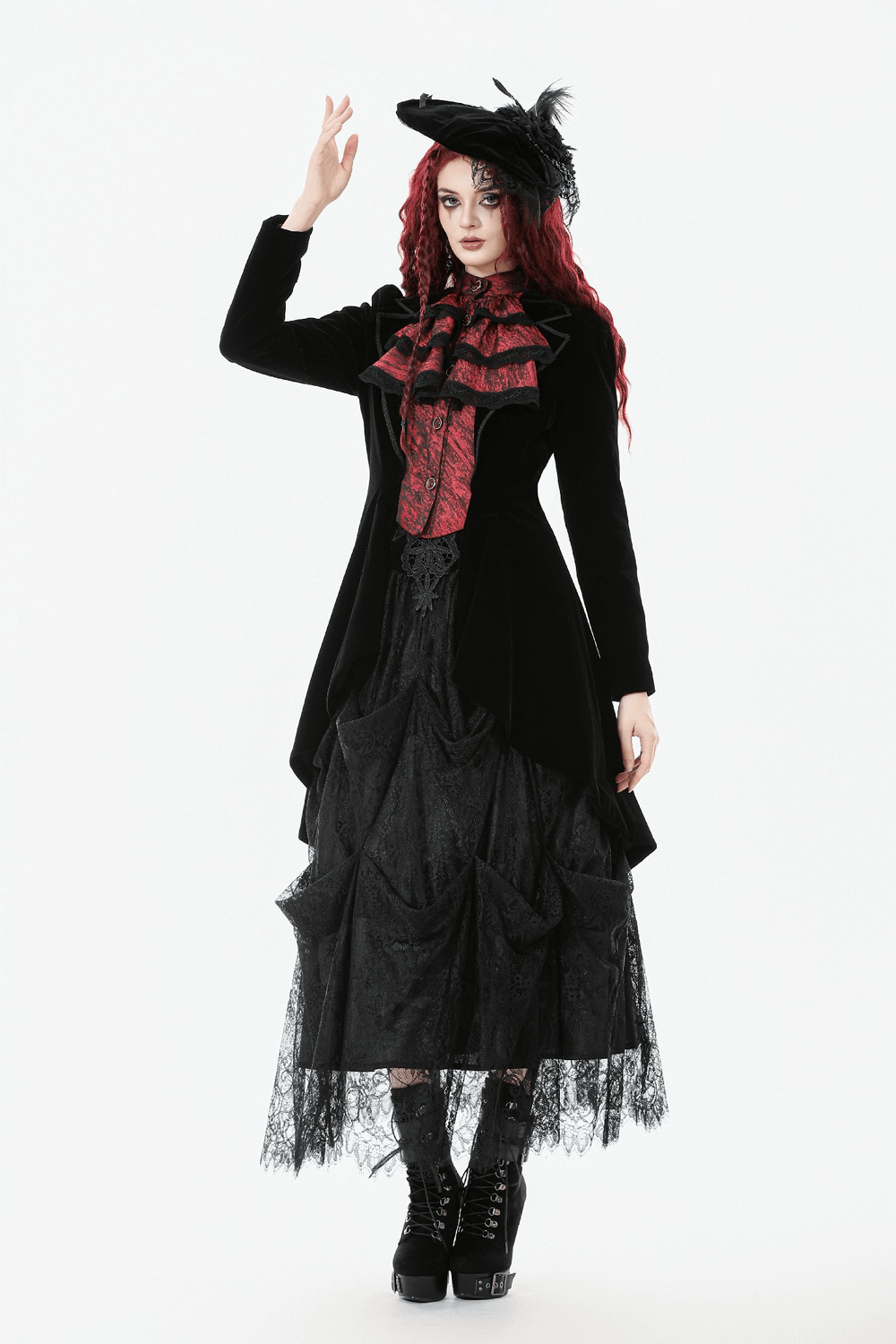 Gothic Velvet Tailcoat with Wine Red Ruffled Shirt Insert worn by a model, showcasing dark elegance and style.