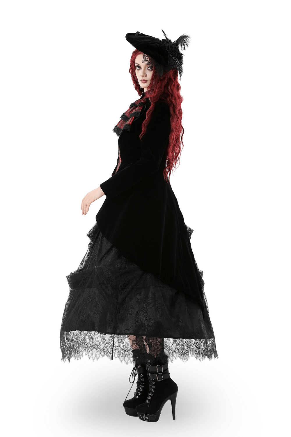 Gothic Velvet Tailcoat with Wine Red Ruffled Shirt Insert worn by model in elegant pose, complete with stylish accessories.