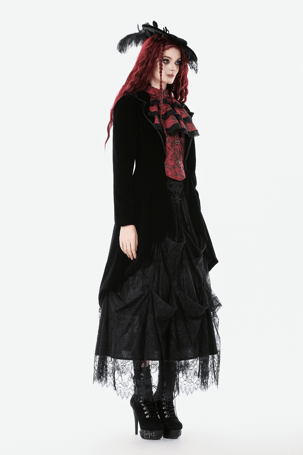 Gothic Velvet Tailcoat with Wine Red Ruffled Shirt Insert displayed on model, showcasing Victorian Steampunk style.