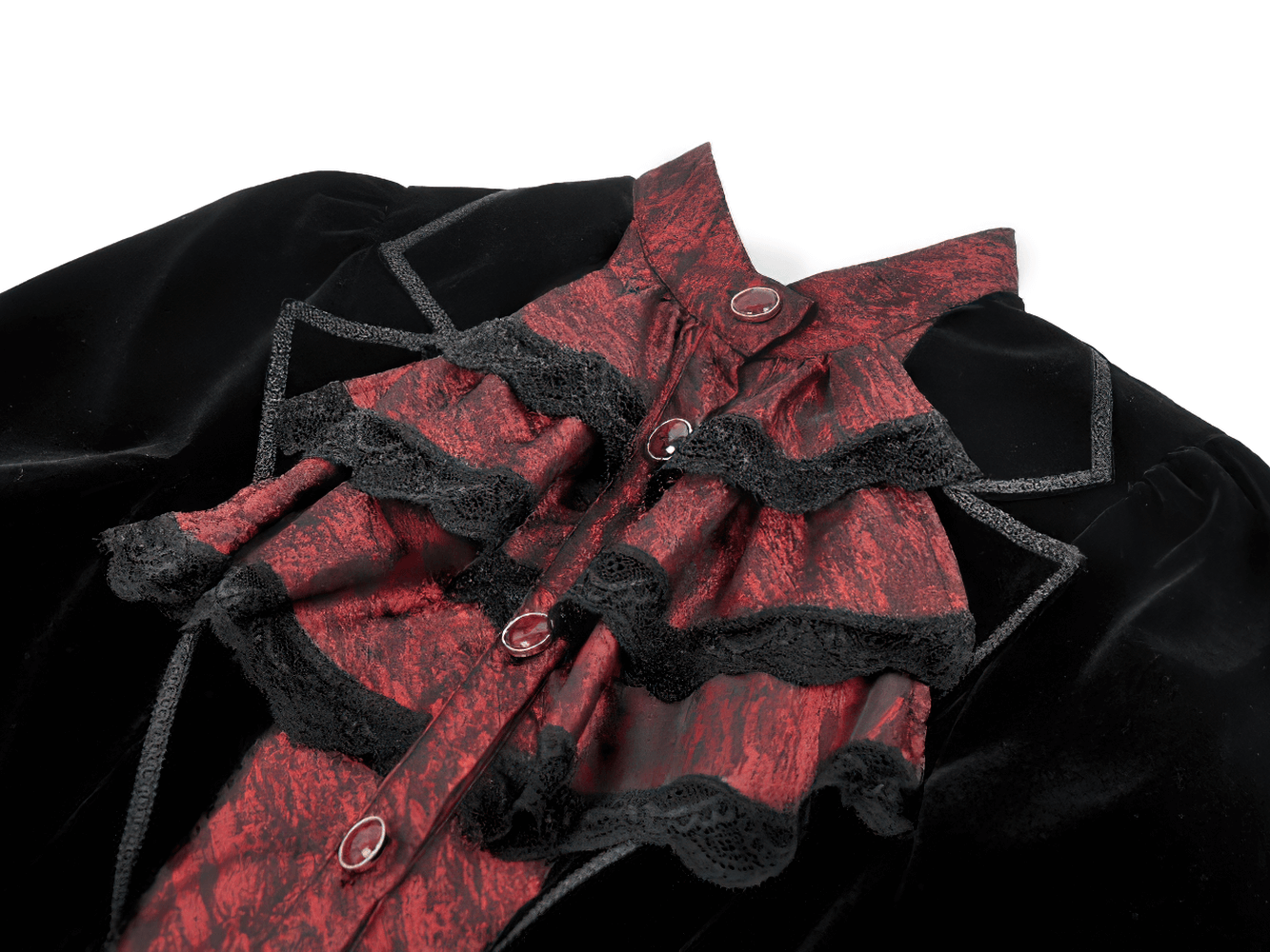 Gothic Velvet Tailcoat with Wine Red Ruffled Shirt Insert showcasing intricate design and luxurious texture.