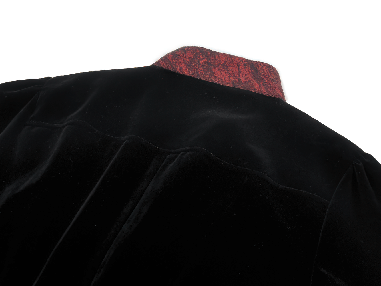 Back view of Gothic Velvet Tailcoat with Wine Red Ruffled Shirt Insert showcasing rich velvet and striking collar.