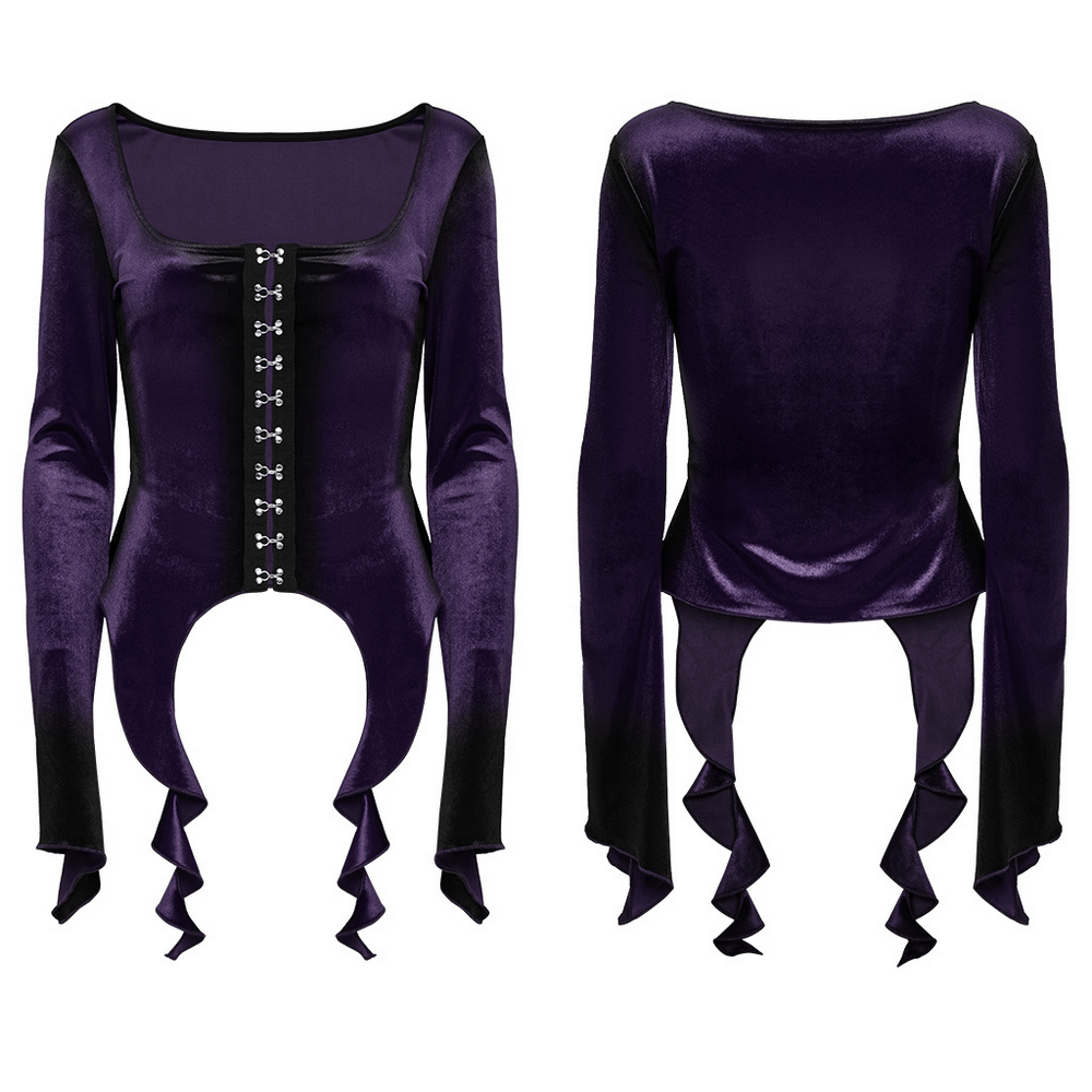 Gothic velvet top with square neckline, metal buckles, and dramatic hem in deep purple.