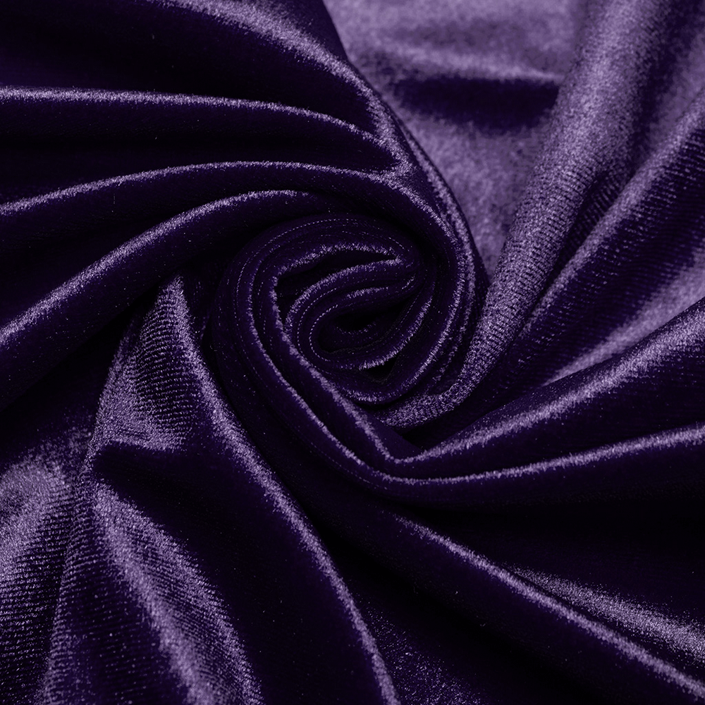 Close-up of rich dark purple velvet fabric, showcasing a soft, luxurious texture perfect for gothic fashion.