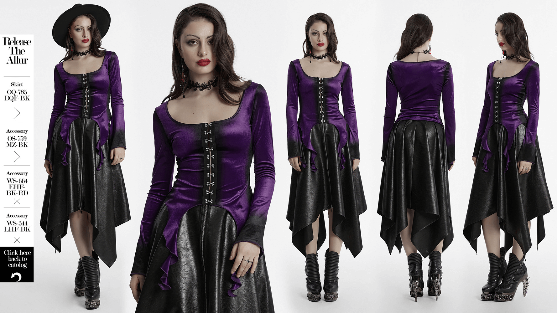 Gothic velvet top with metal buckles, dramatic hem, and square neckline in purple, paired with a black skirt and boots.