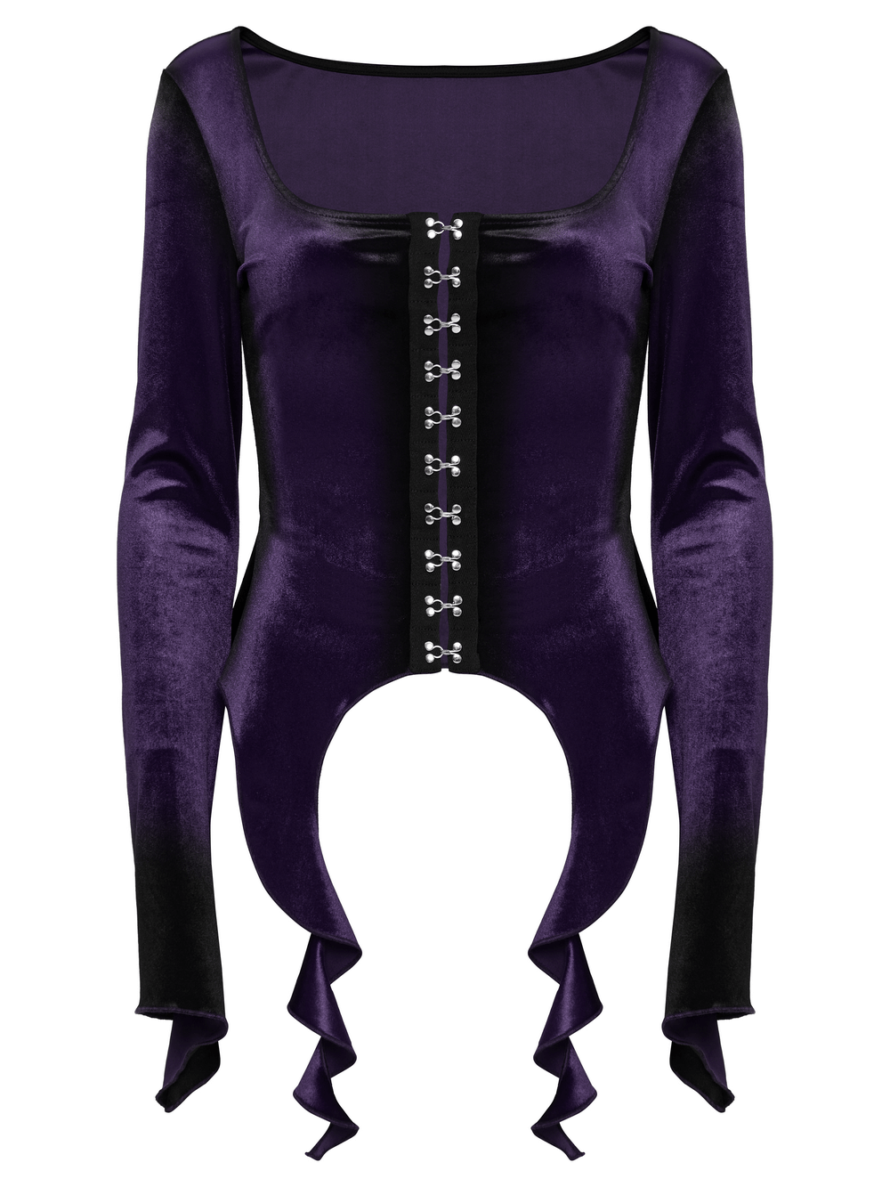 Gothic velvet top with square neck, metal buckles, and dramatic hem in dark purple gradient.