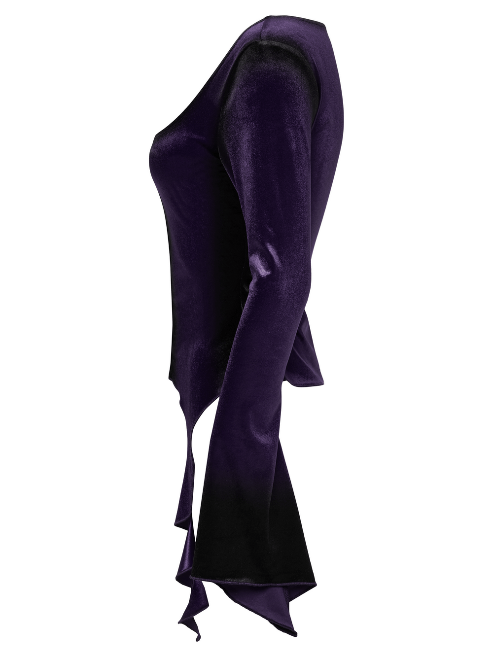 Side view of a gothic velvet top in dark purple with dramatic hem and square neckline, featuring metal buckles.