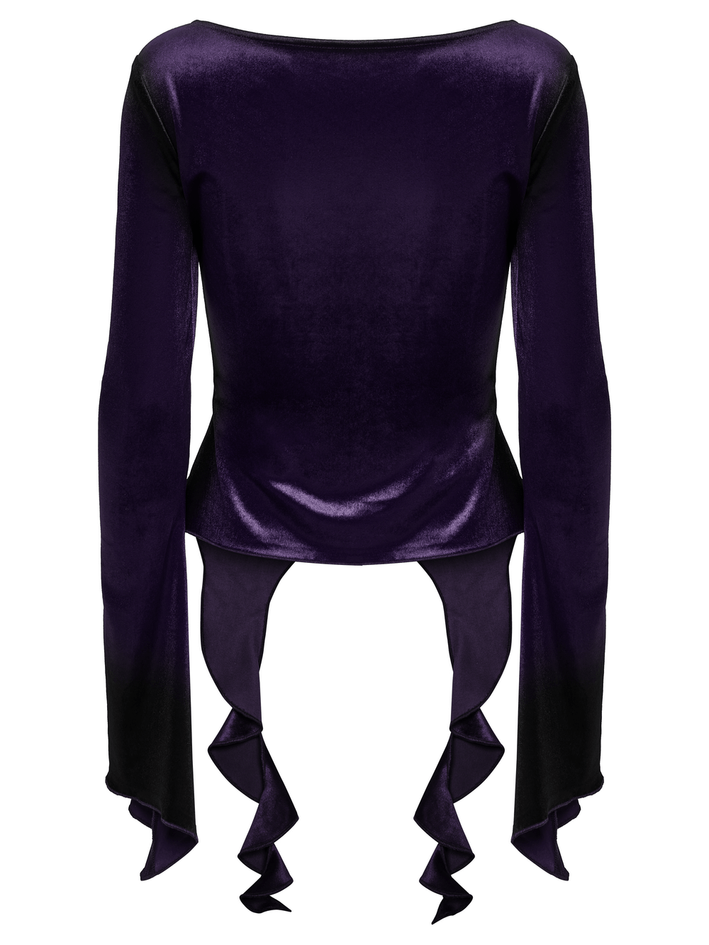 Back view of a gothic velvet top in purple with dramatic ruffled sleeves and an elegant, flowing hem.