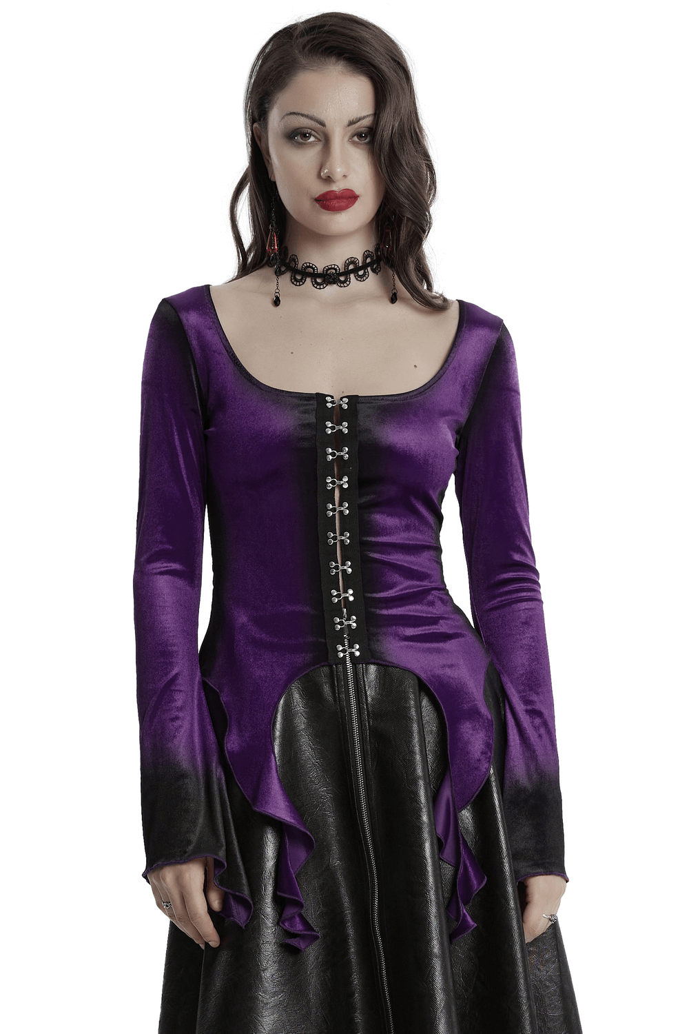 Gothic velvet top with metal buckles, square neckline, and dramatic hem in dark gradient print.