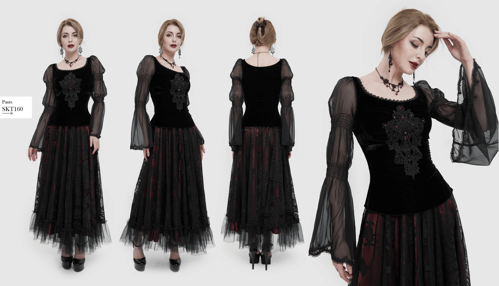 Elegant vintage gothic black velvet top with transparent long sleeves and lace appliqué detailing, showcasing a stylish look.