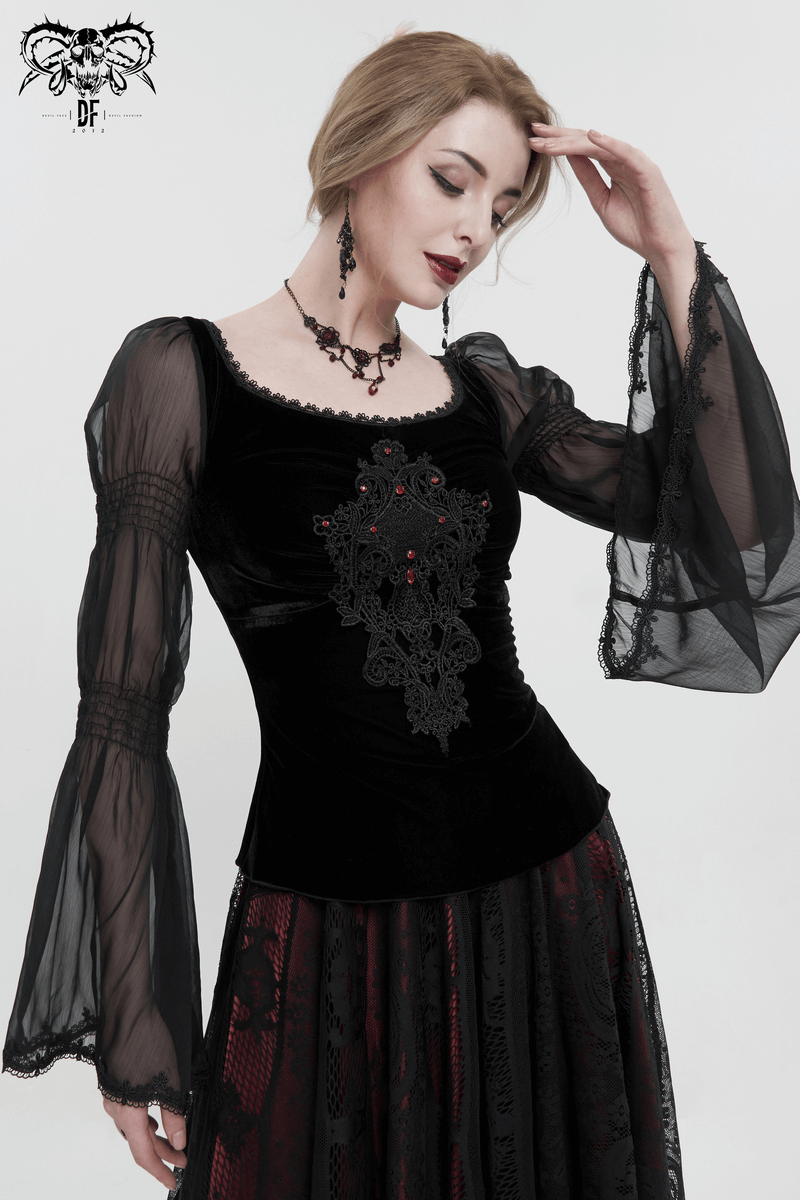 Gothic black velvet top with transparent long sleeves and vintage lace appliqué design, perfect for elegant gothic outfits.