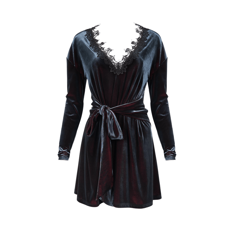 Elegant gothic velvet V-neck long sleeve dress with lace applique and belt, perfect for stylish outings.