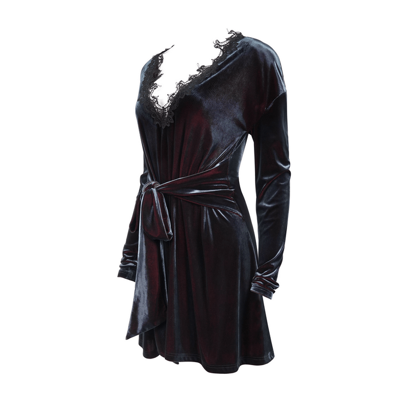 Gothic velvet V-neck long sleeve dress with lace applique and belt, perfect for elegant gothic style.