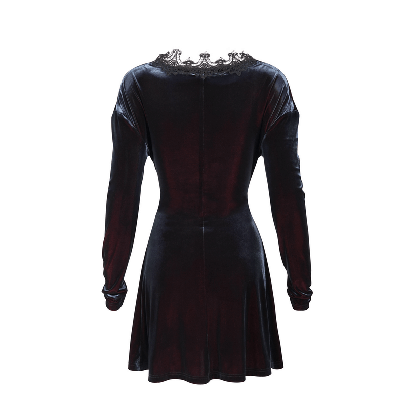 Back view of Gothic Velvet V-Neck Dress with elegant lace applique and long sleeves in rich velvet fabric.