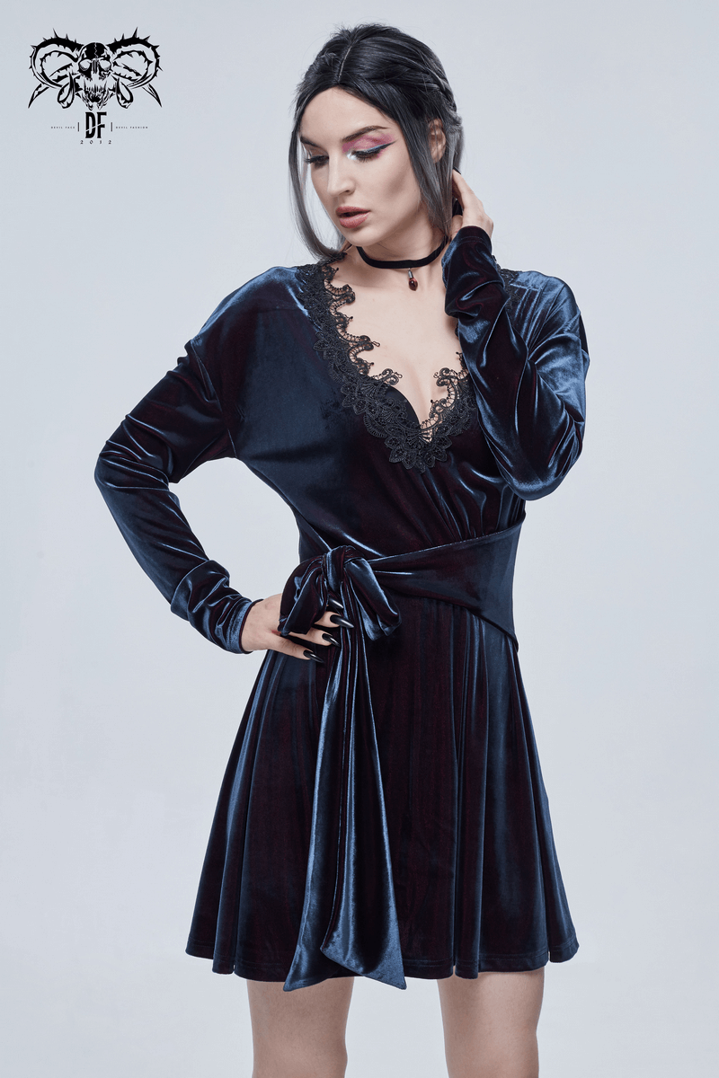 Elegant gothic velvet V-neck long sleeve dress with lace appliqué, perfect for a stylish vintage look.