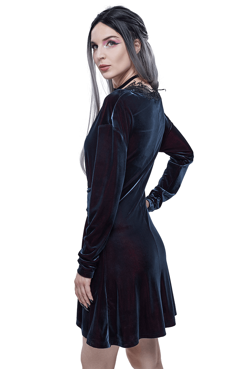 Gothic velvet v-neck long sleeve dress showcased on a stylish model, highlighting elegant lace details and a vintage cut.