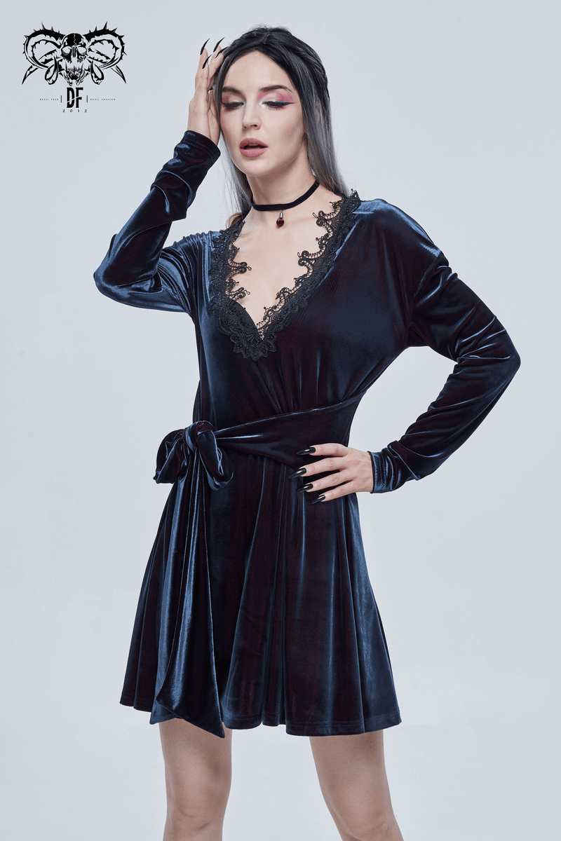 Gothic velvet V-neck long sleeve dress featuring elegant lace applique and a stylish belt, perfect for a gothic wardrobe.