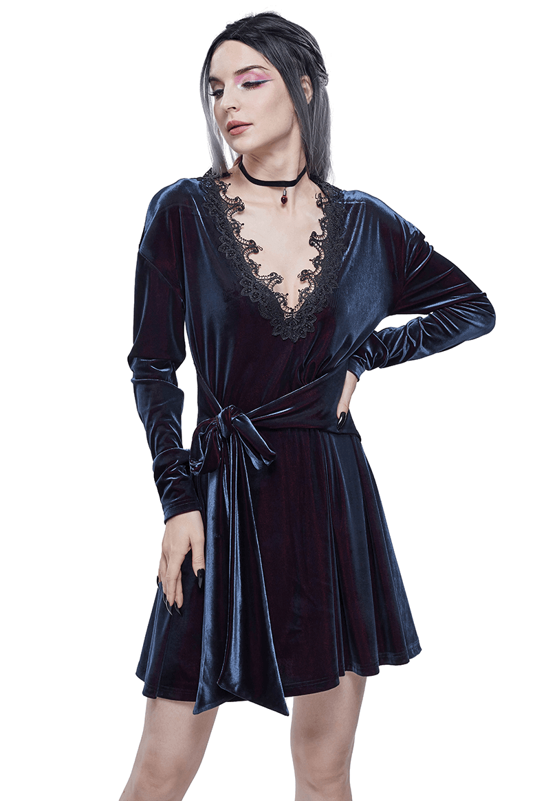 Gothic velvet V-neck dress with lace applique, long sleeves, and a stylish belt, perfect for elegant gothic wardrobes.
