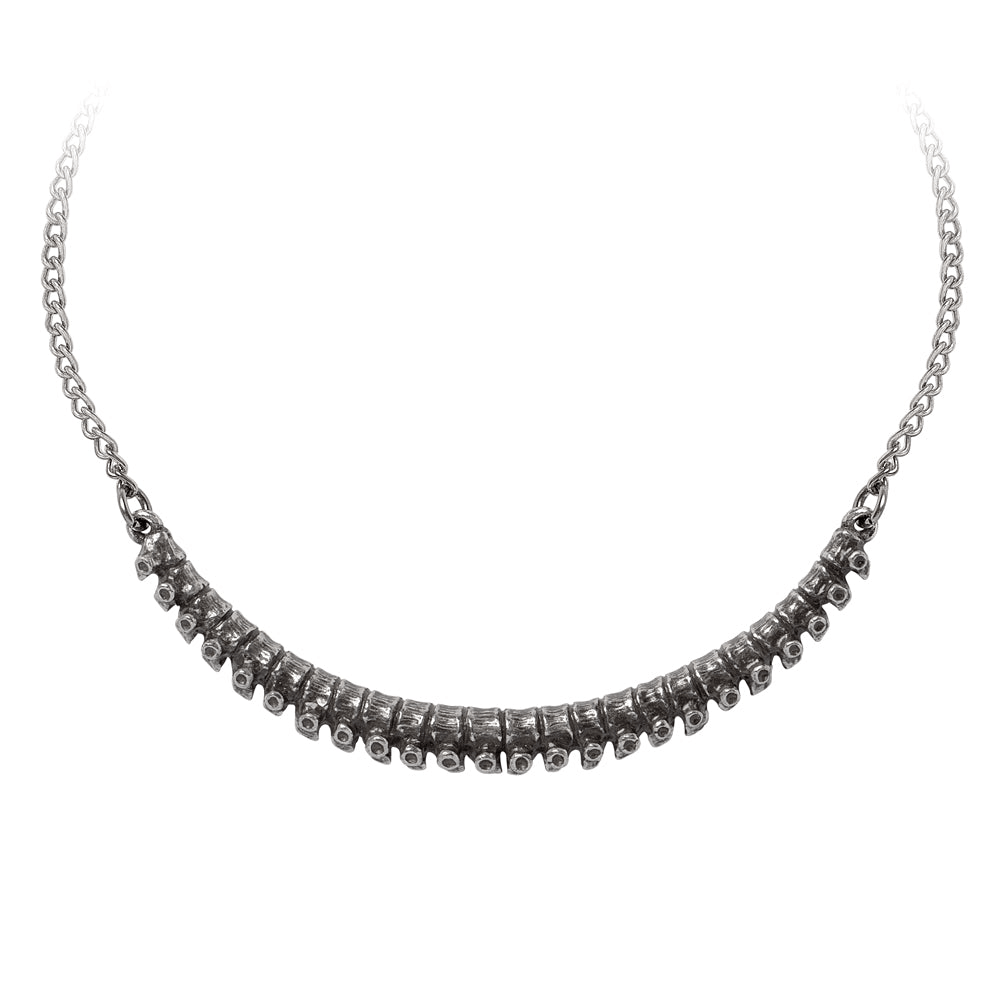 Gothic Vertebrae Spine Necklace in English Pewter with anatomical detail and adjustable curb chain in gray.