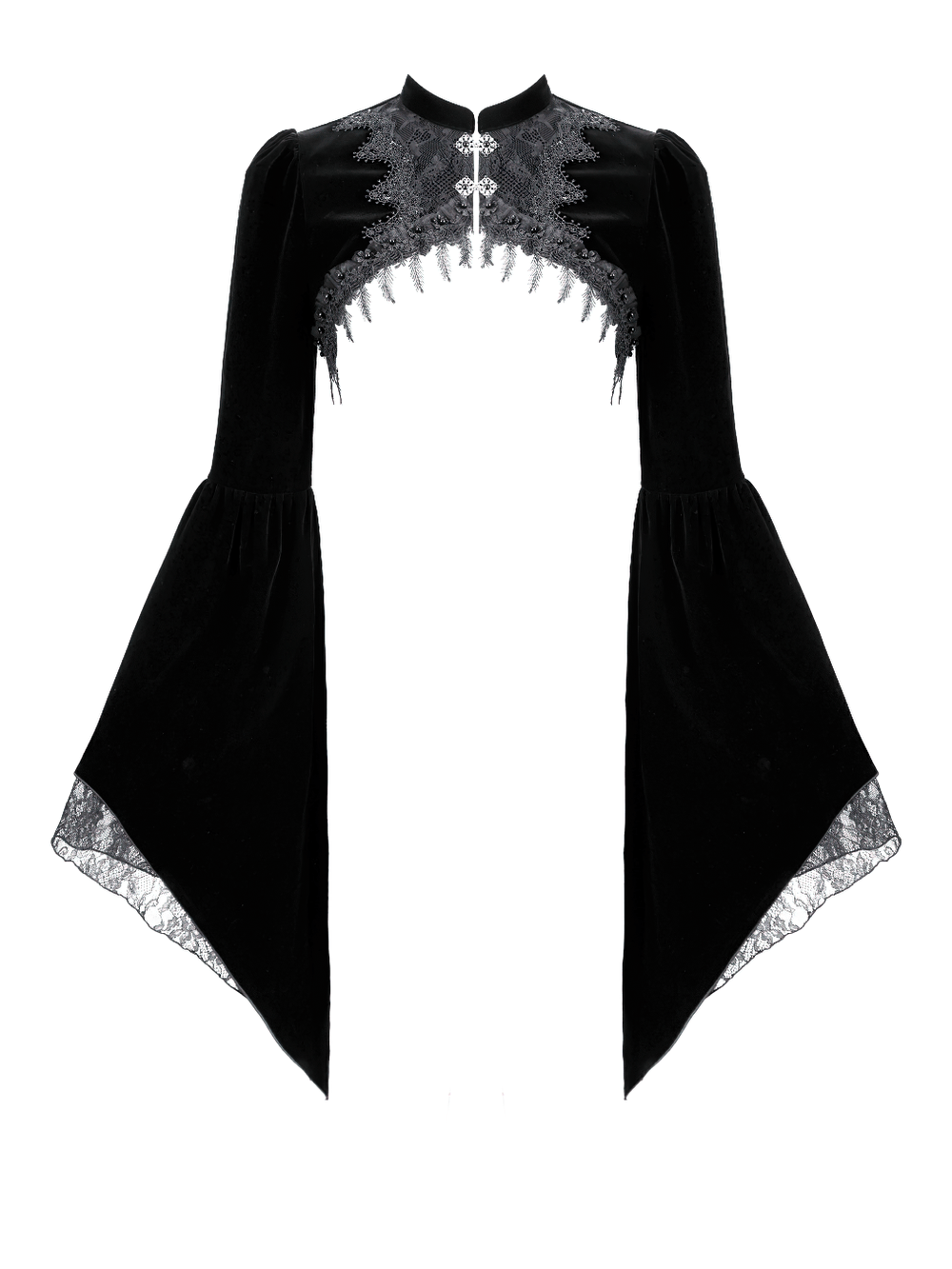 Gothic Victorian Black Velvet Bell Sleeve Bolero Jacket, dramatic black lace-trimmed cropped shrug with silver clasps