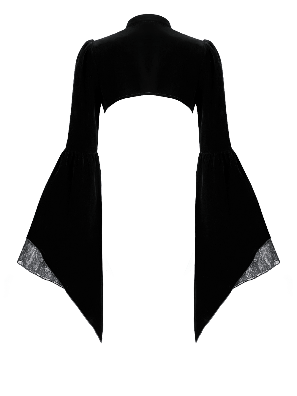 Gothic Victorian Black Velvet Bell Sleeve Bolero Jacket with lace trim bell cuffs and cropped dark romantic silhouette