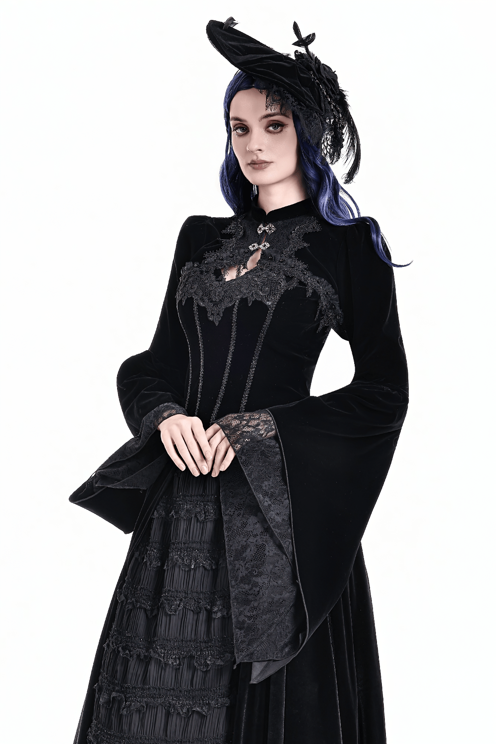 Gothic Victorian Black Velvet Bell Sleeve Bolero Jacket with lace trim and silver clasps, dark romantic Victorian style