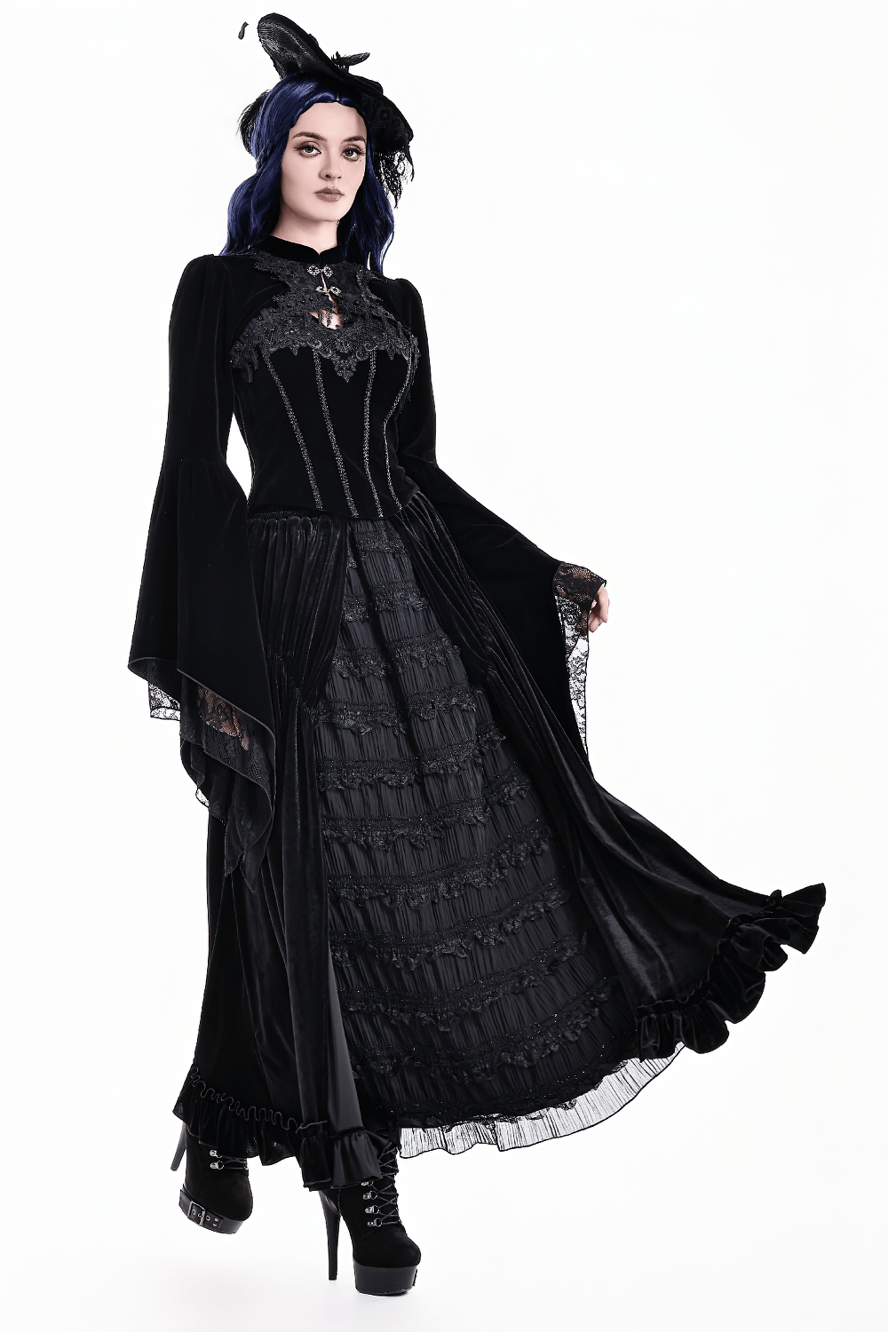 Gothic Victorian Black Velvet Bell Sleeve Bolero Jacket, dark romantic black lace-trimmed cropped shrug with silver clasps