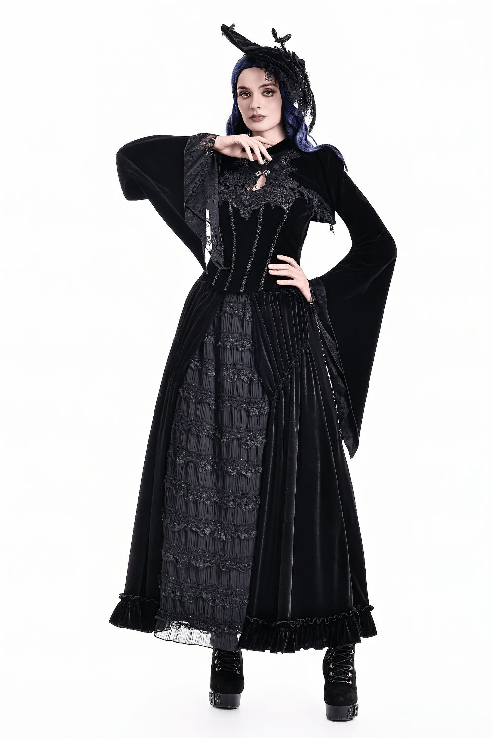 Gothic Victorian Black Velvet Bell Sleeve Bolero Jacket with lace trim, dramatic black occult fashion look
