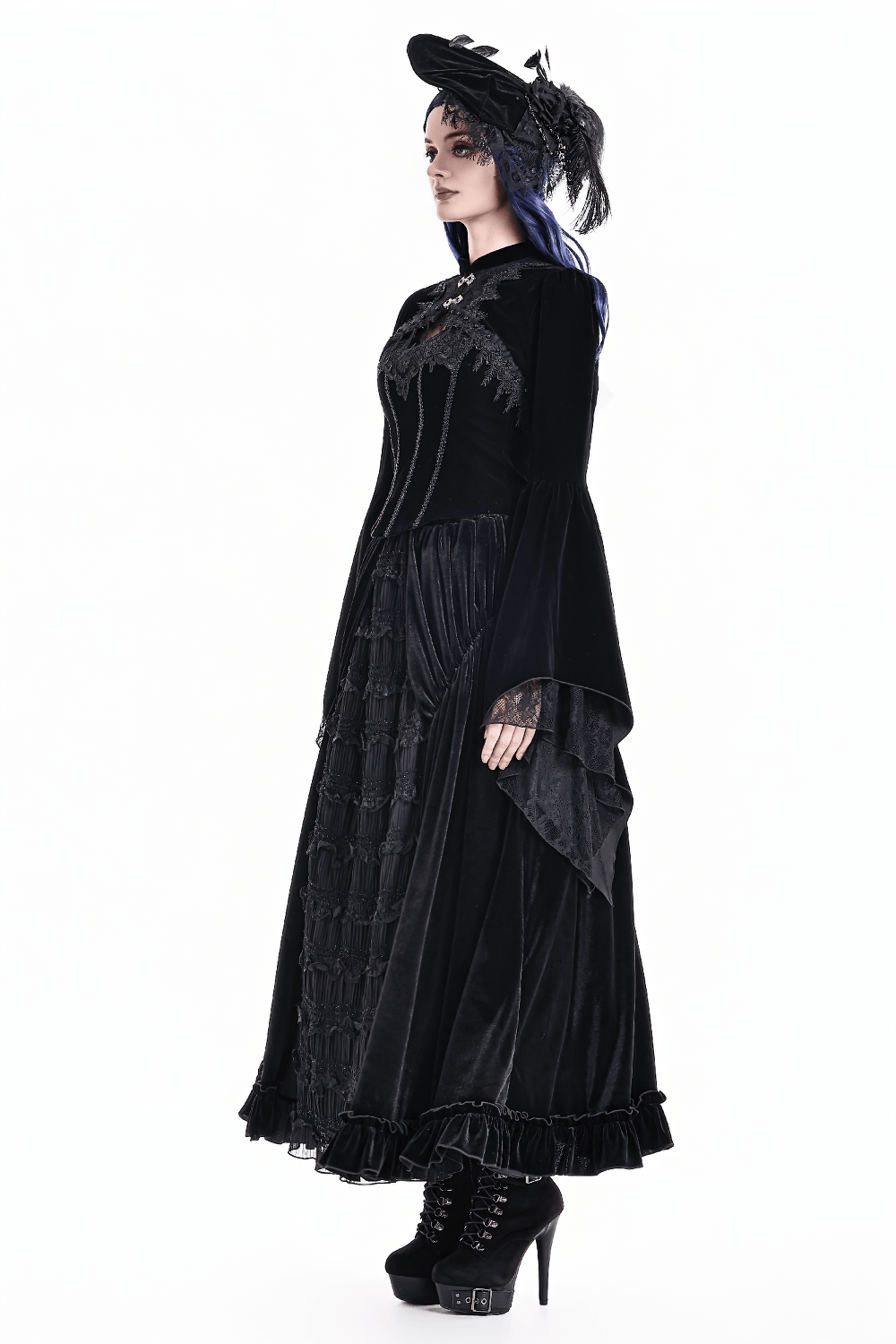 Gothic Victorian Black Velvet Bell Sleeve Bolero Jacket on model with lace trim and dramatic gothic style