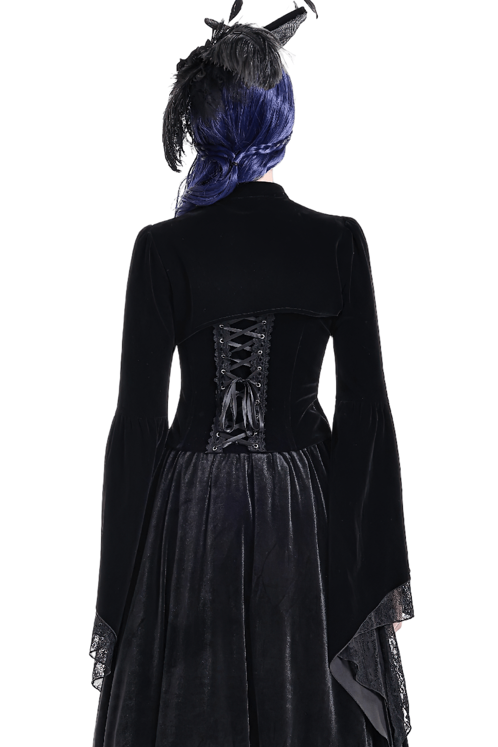 Gothic Victorian Black Velvet Bell Sleeve Bolero Jacket, back lace-up corset detail and lace-trimmed dramatic sleeves